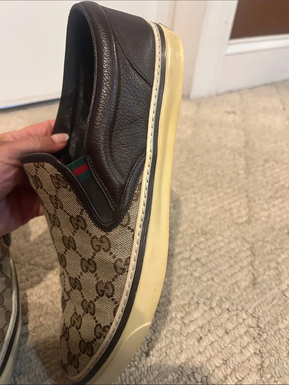 Gucci Beige Brown GG Canvas Slip-On Loafer with Dark Brown Trim